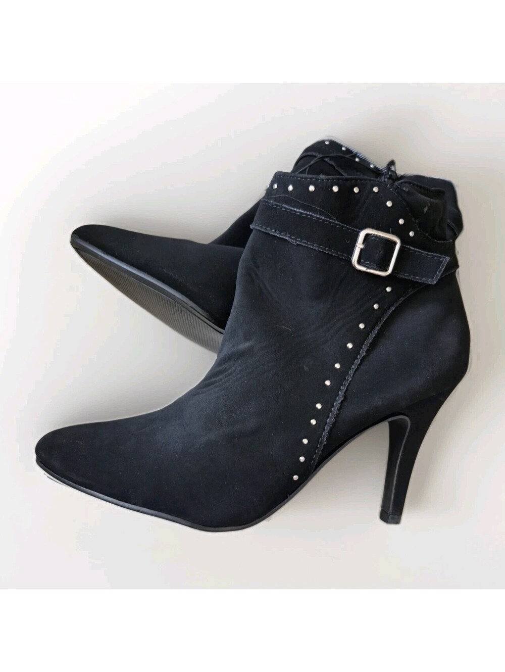 Me Too ELLA 9M Ankle Boots Black Stretch Fabric Silver Buckle 4"Heel NWT
